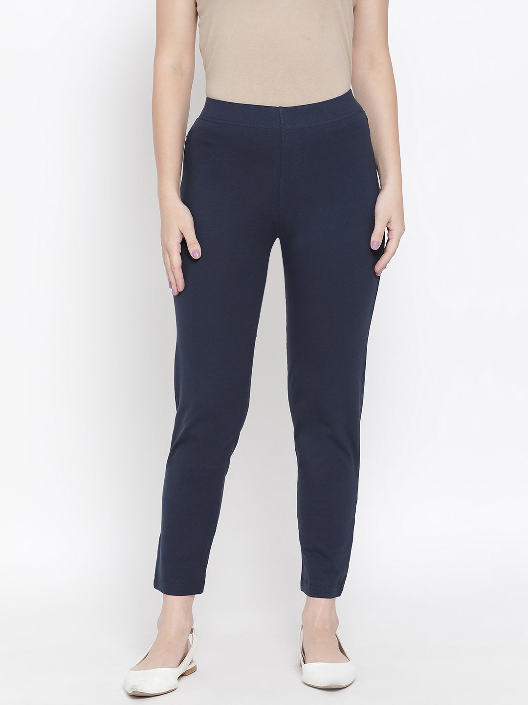 Softline Women's Knitted Pants in Cotton Elastane Fabric with Mid Rise Fit, Soft Elastic Waistband, and Quick Dry Properties