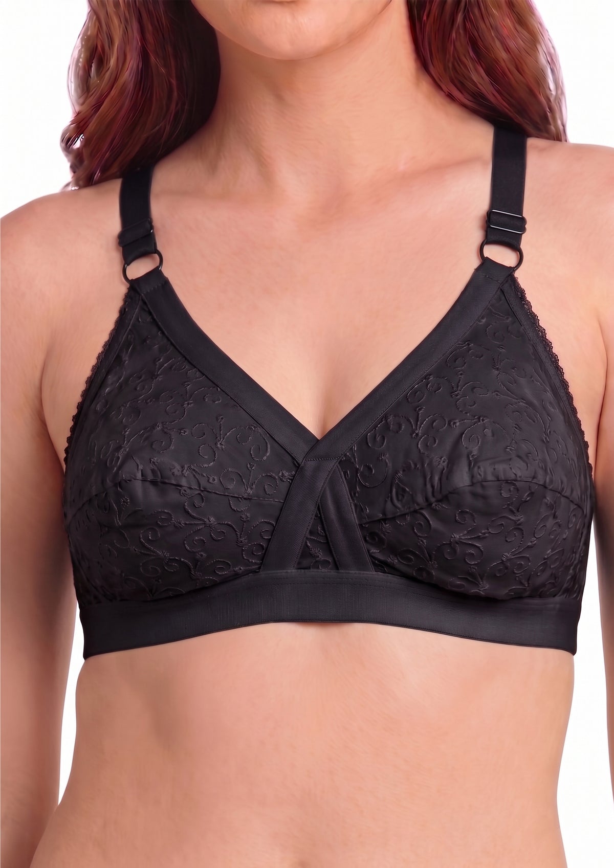 Softline Women's Non Padded Wire Free Bra in 100% Shifley Embroidery Cotton Fabric with  Full Coverage Cups, Broad Elastic Straps, and Hook Closure (1060)