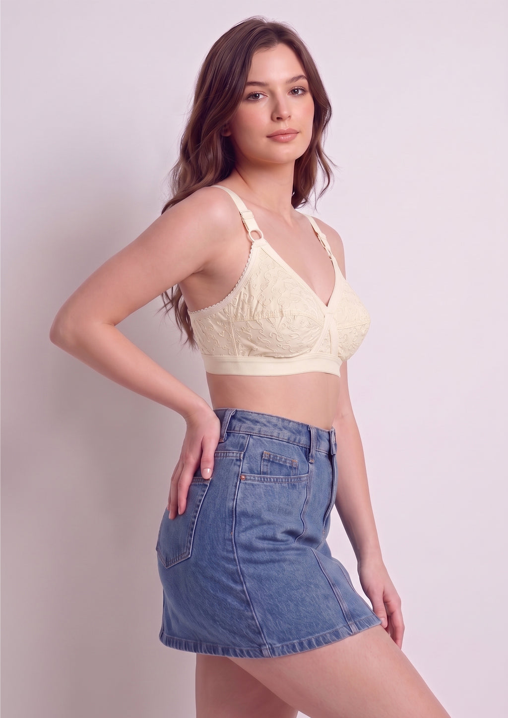 Softline Women's Non Padded Wire Free Bra in 100% Shifley Embroidery Cotton Fabric with  Full Coverage Cups, Broad Elastic Straps, and Hook Closure (1060)