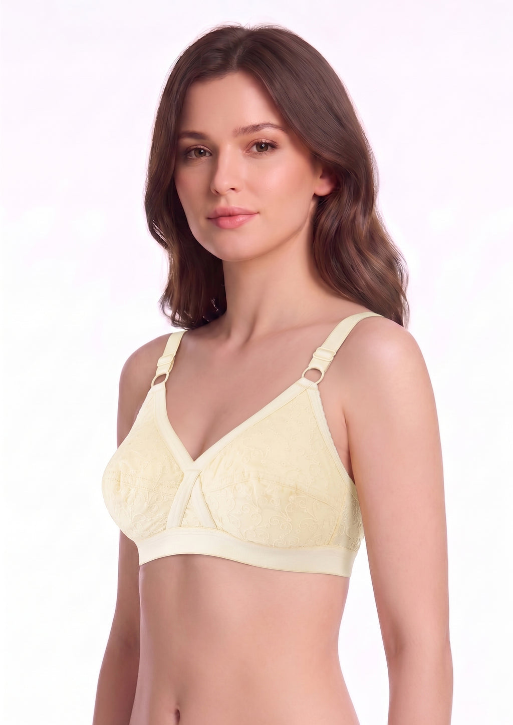 Softline Women's Non Padded Wire Free Bra in 100% Shifley Embroidery Cotton Fabric with  Full Coverage Cups, Broad Elastic Straps, and Hook Closure (1060)