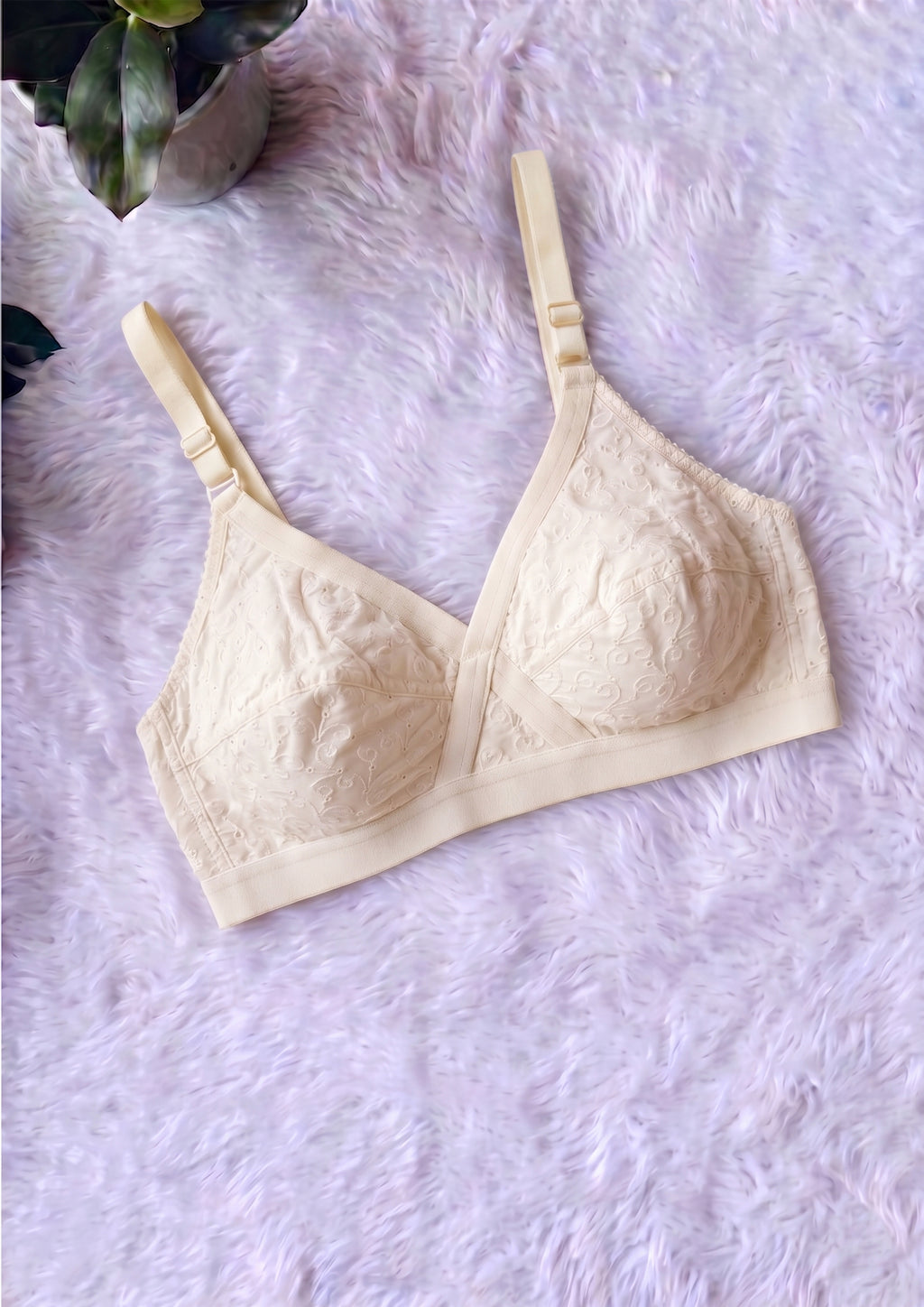 Softline Women's Non Padded Wire Free Bra in 100% Shifley Embroidery Cotton Fabric with  Full Coverage Cups, Broad Elastic Straps, and Hook Closure (1060)