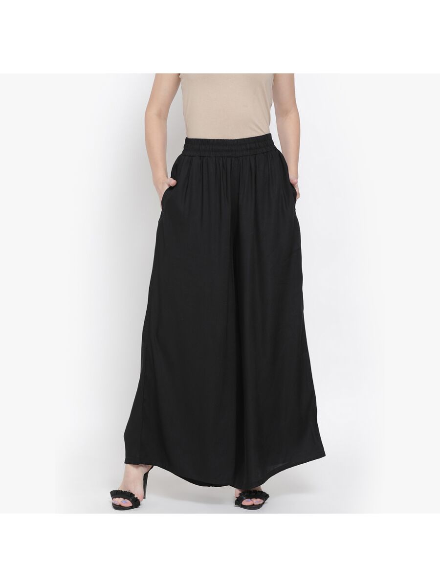 Softline Women's Flared Palazzos in Viscose Fabric with Mid Rise Fit, Soft Elastic Waistband, and Quick Dry Properties