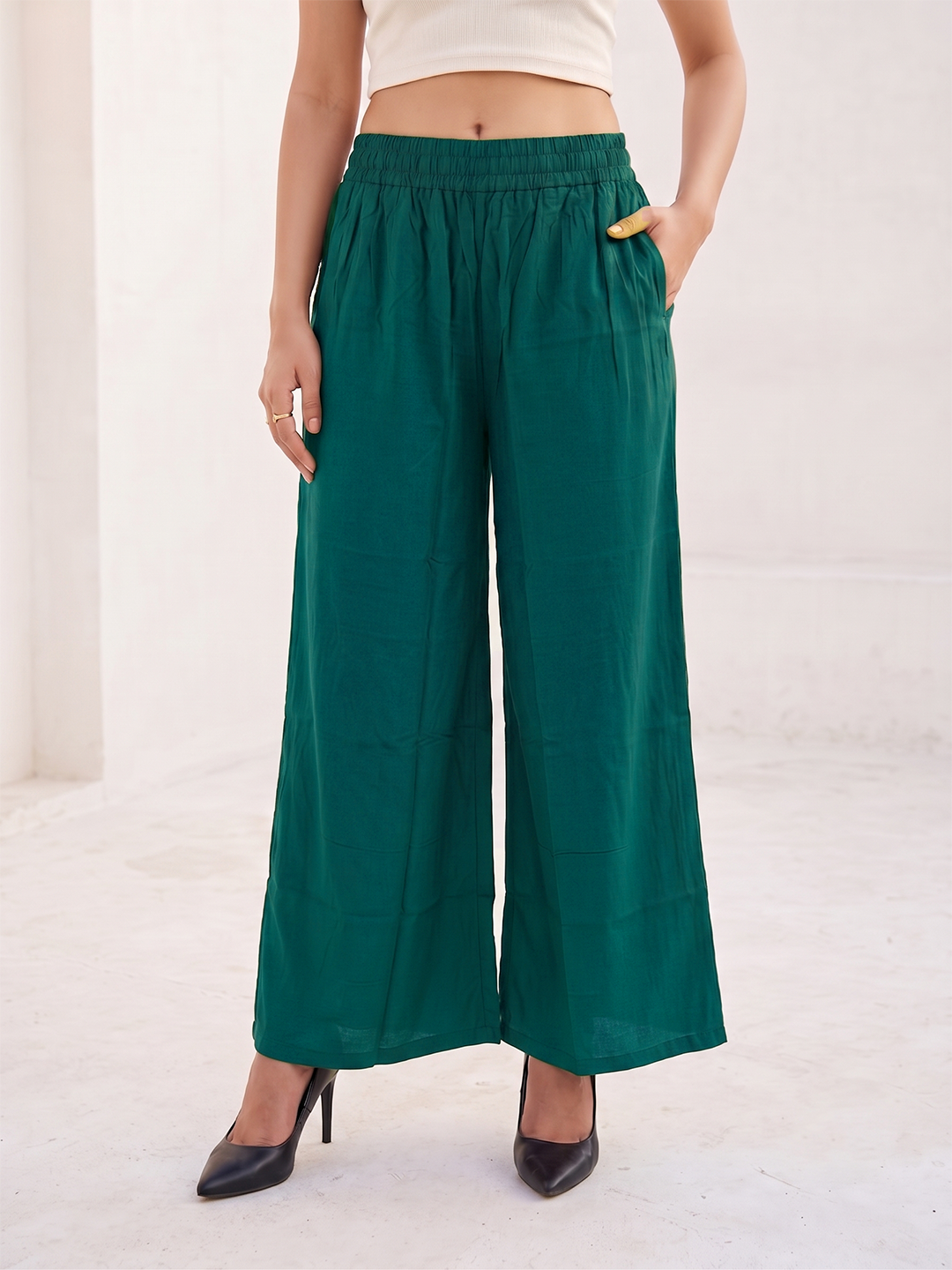 Softline Women's Flared Palazzos in Viscose Fabric with Mid Rise Fit, Soft Elastic Waistband, and Quick Dry Properties