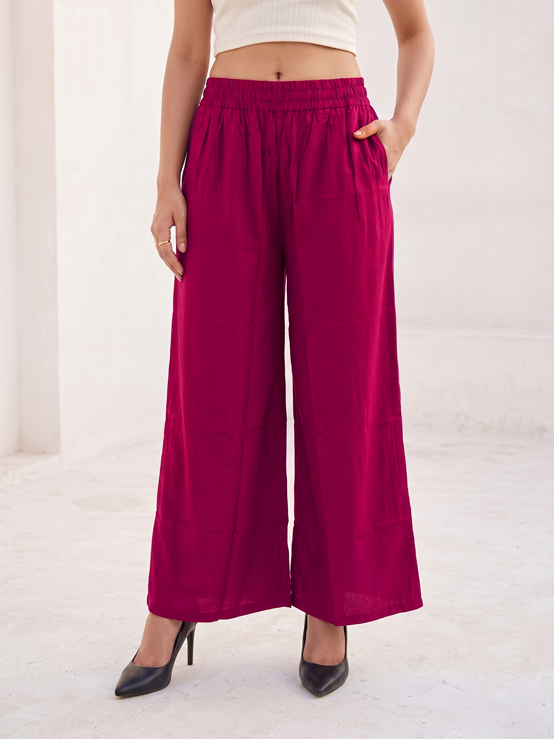 Softline Women's Flared Palazzos in Viscose Fabric with Mid Rise Fit, Soft Elastic Waistband, and Quick Dry Properties