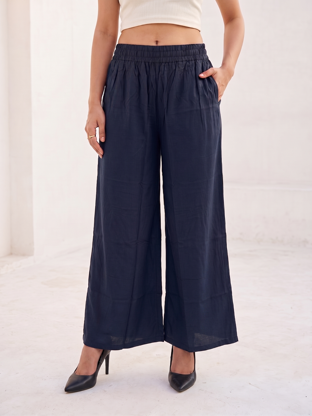 Softline Women's Flared Palazzos in Viscose Fabric with Mid Rise Fit, Soft Elastic Waistband, and Quick Dry Properties