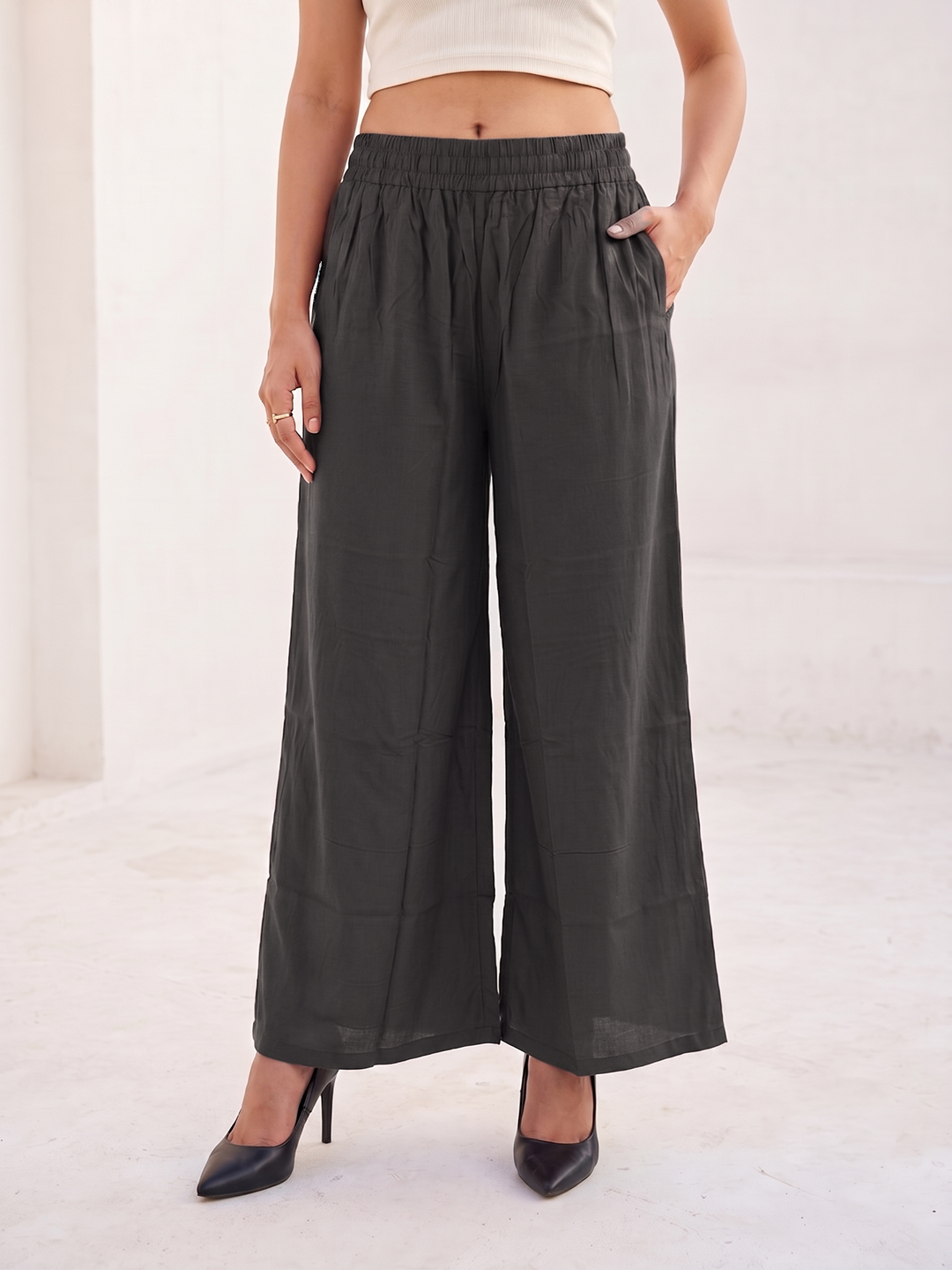 Softline Women's Flared Palazzos in Viscose Fabric with Mid Rise Fit, Soft Elastic Waistband, and Quick Dry Properties