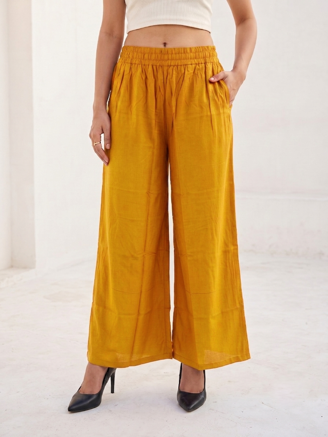 Softline Women's Flared Palazzos in Viscose Fabric with Mid Rise Fit, Soft Elastic Waistband, and Quick Dry Properties