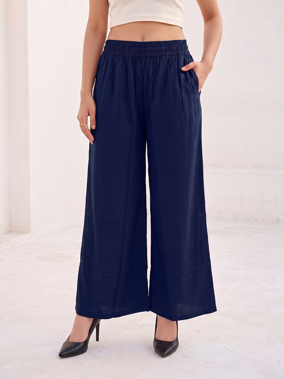 Softline Women's Flared Palazzos in Viscose Fabric with Mid Rise Fit, Soft Elastic Waistband, and Quick Dry Properties