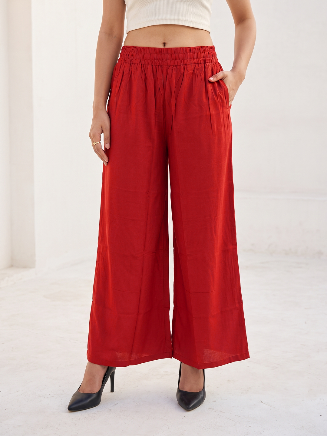 Softline Women's Flared Palazzos in Viscose Fabric with Mid Rise Fit, Soft Elastic Waistband, and Quick Dry Properties