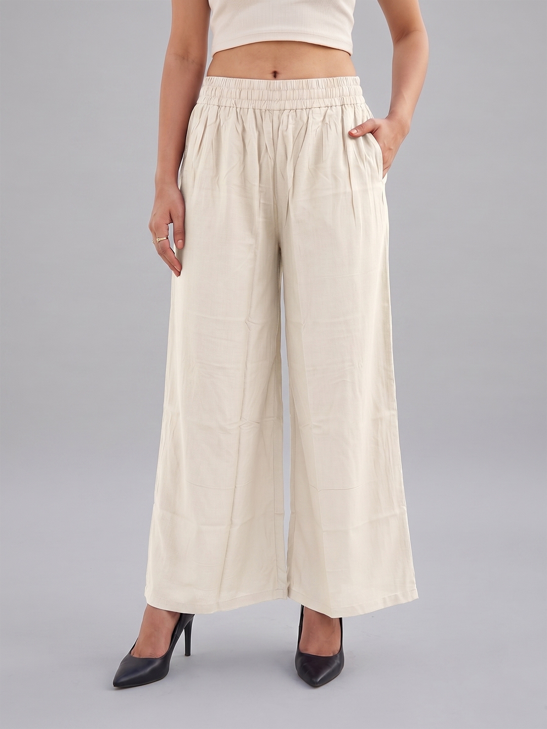Softline Women's Flared Palazzos in Viscose Fabric with Mid Rise Fit, Soft Elastic Waistband, and Quick Dry Properties