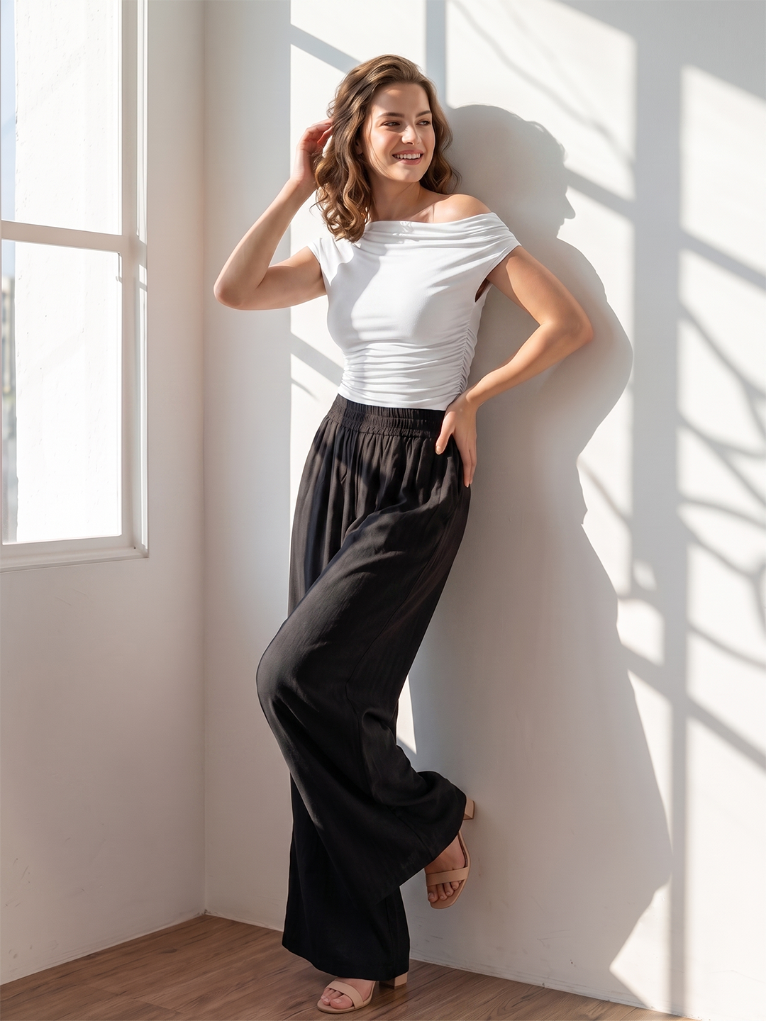 Softline Women's Flared Palazzos in Viscose Fabric with Mid Rise Fit, Soft Elastic Waistband, and Quick Dry Properties