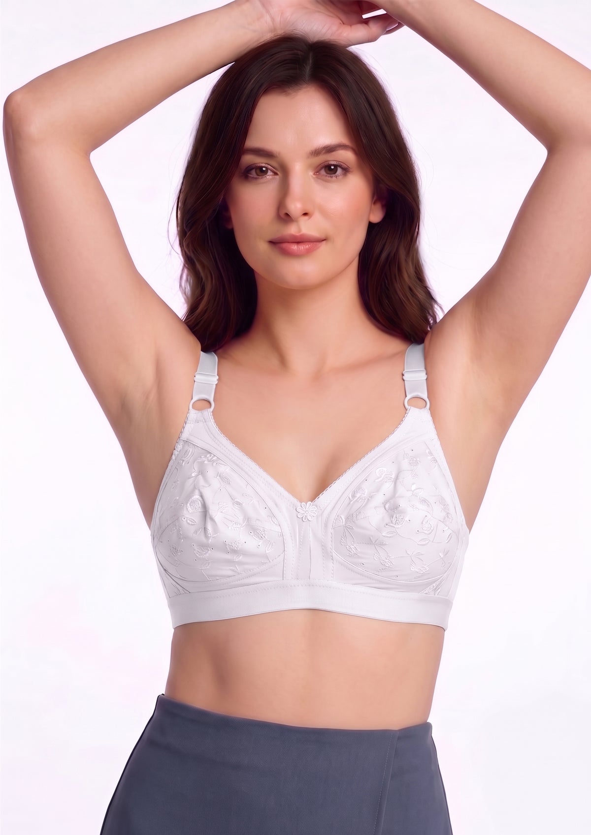 Softline Women's Non Padded Wire Free Bra in 100% Shifley Embroidery Cotton Fabric with  Full Coverage Cups, Broad Elastic Straps, and Hook Closure (1061)