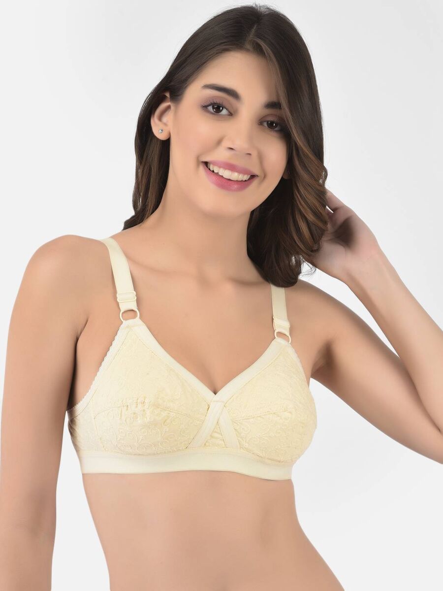 Softline Women's Non Padded Wire Free Bra in 100% Shifley Embroidery Cotton Fabric with  Full Coverage Cups, Broad Elastic Straps, and Hook Closure (1060)