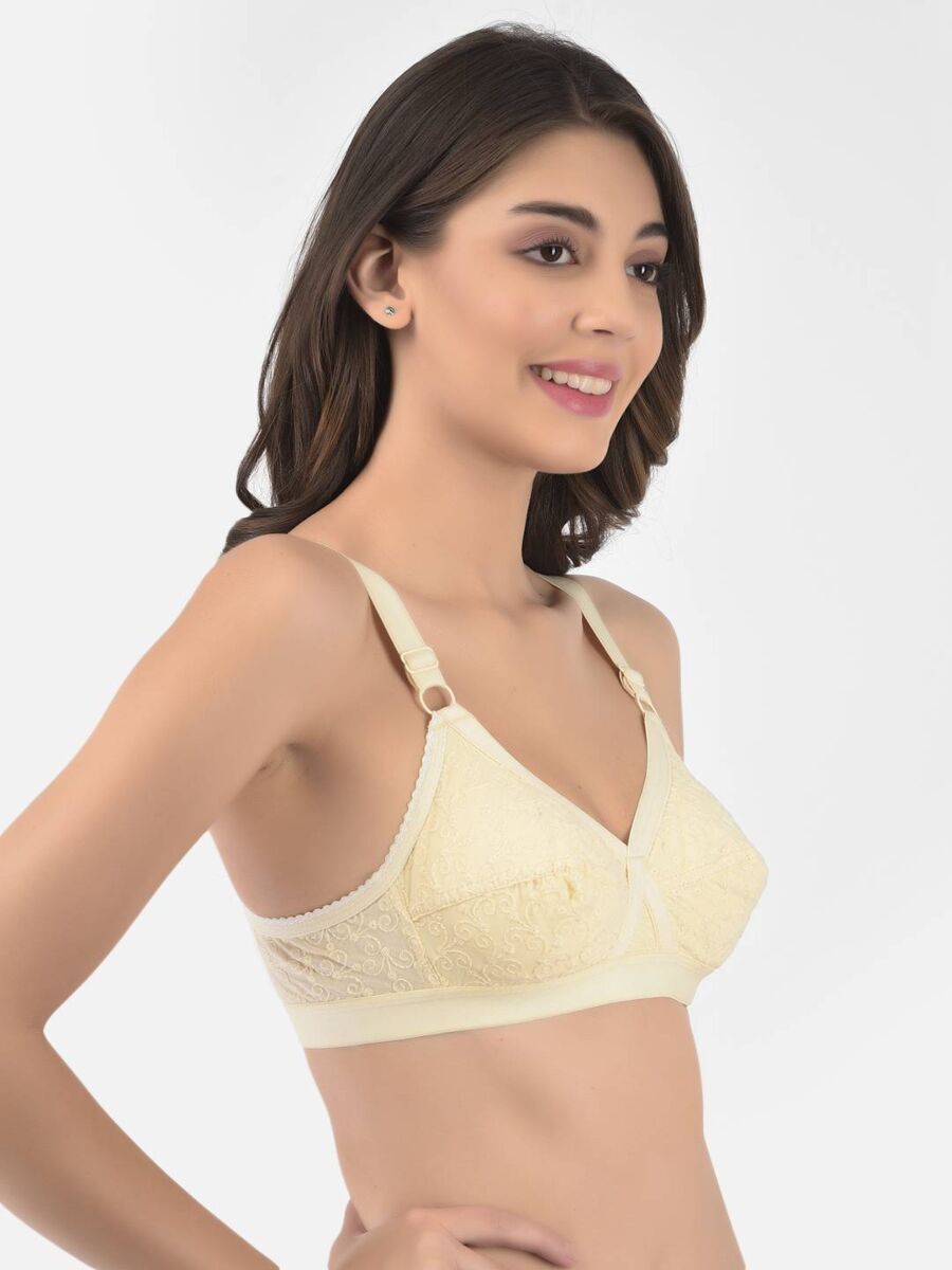 Softline Women's Non Padded Wire Free Bra in 100% Shifley Embroidery Cotton Fabric with  Full Coverage Cups, Broad Elastic Straps, and Hook Closure (1060)