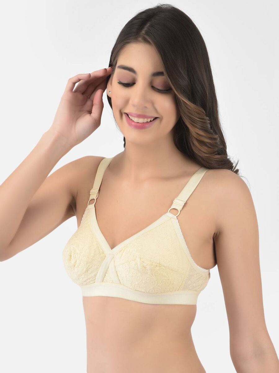Softline Women's Non Padded Wire Free Bra in 100% Shifley Embroidery Cotton Fabric with  Full Coverage Cups, Broad Elastic Straps, and Hook Closure (1060)