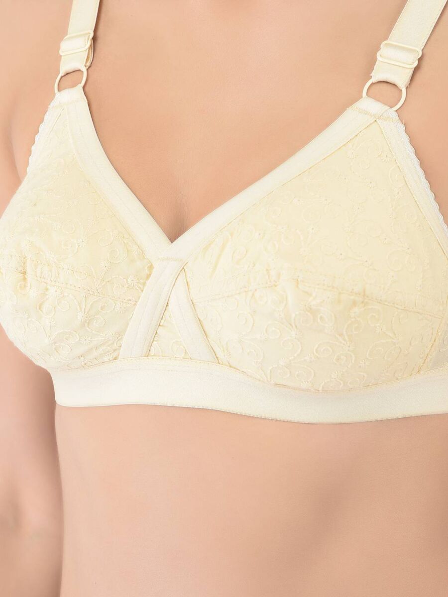 Softline Women's Non Padded Wire Free Bra in 100% Shifley Embroidery Cotton Fabric with  Full Coverage Cups, Broad Elastic Straps, and Hook Closure (1060)