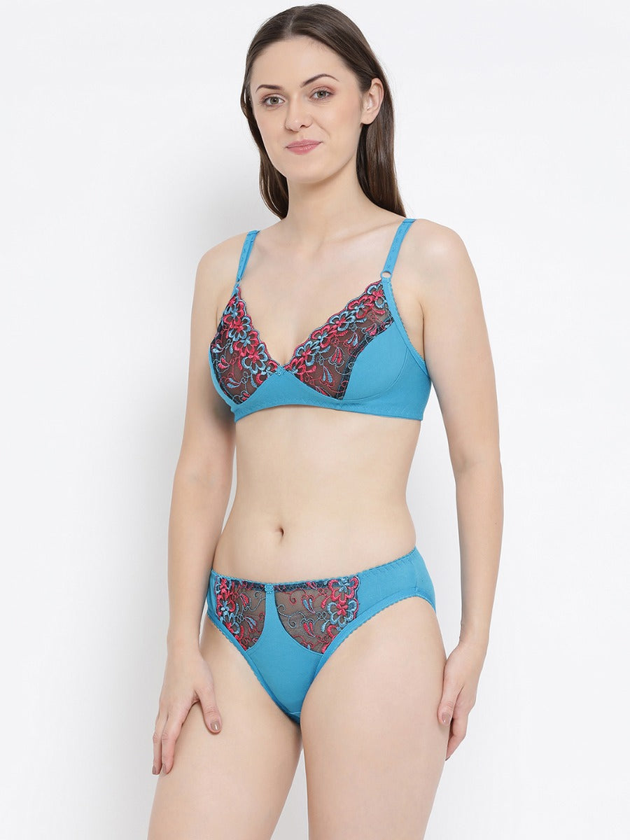 Softline Women's Non Padded Wire Free Bra & Panty Set in Poly Cotton Fabric with Elastic Straps and Hook Closure