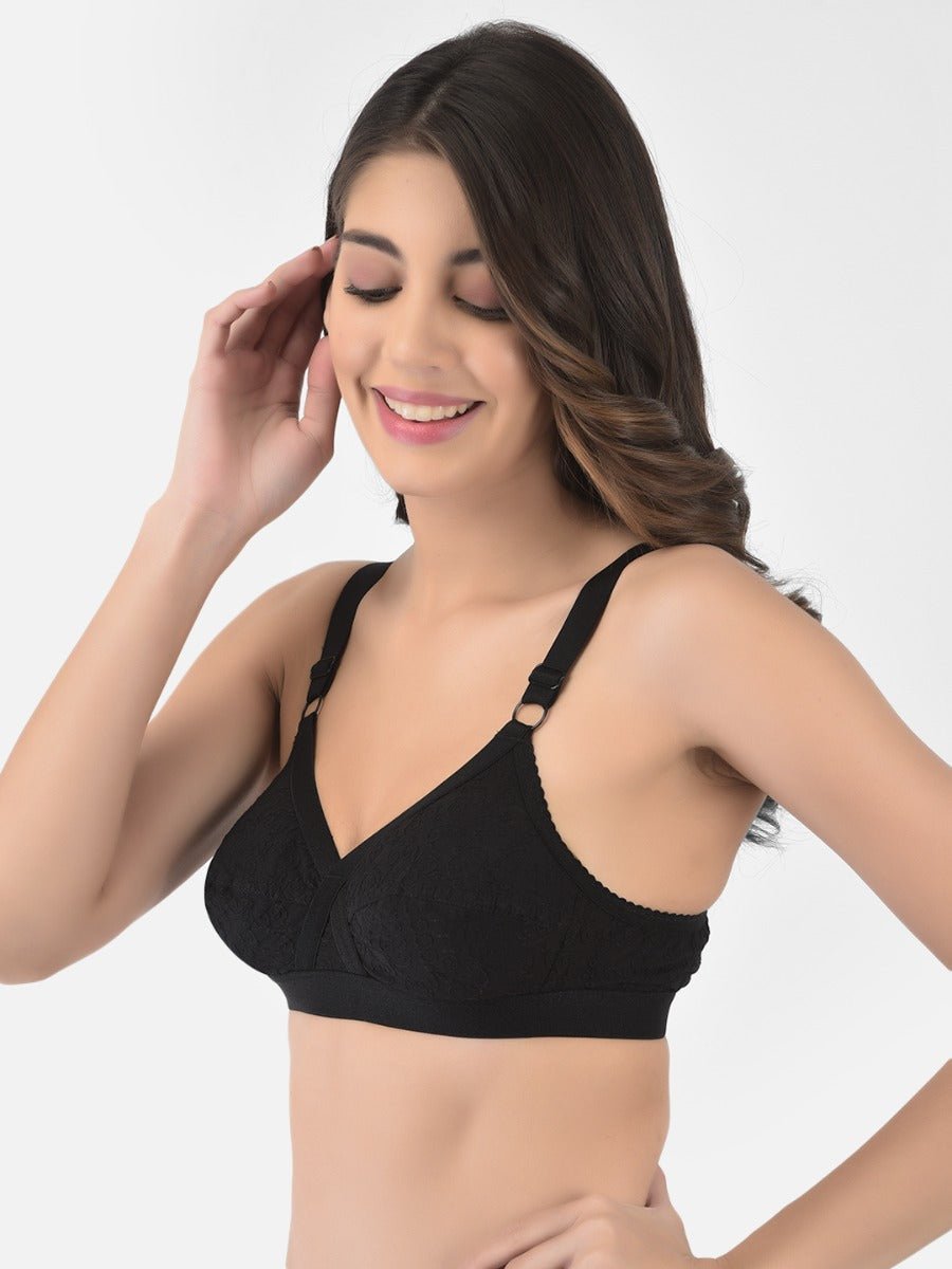 Softline Women's Non Padded Wire Free Bra in 100% Shifley Embroidery Cotton Fabric with  Full Coverage Cups, Broad Elastic Straps, and Hook Closure (1060)