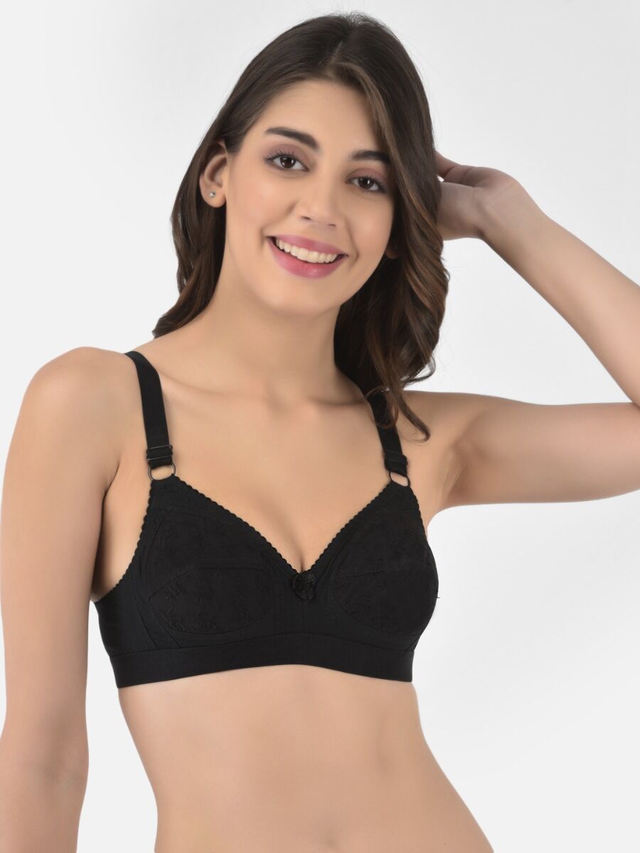 Softline Women's Non Padded Wire Free Bra in 100% Shifley Embroidery Cotton Fabric with  Full Coverage Cups, Broad Elastic Straps, and Hook Closure (1061)