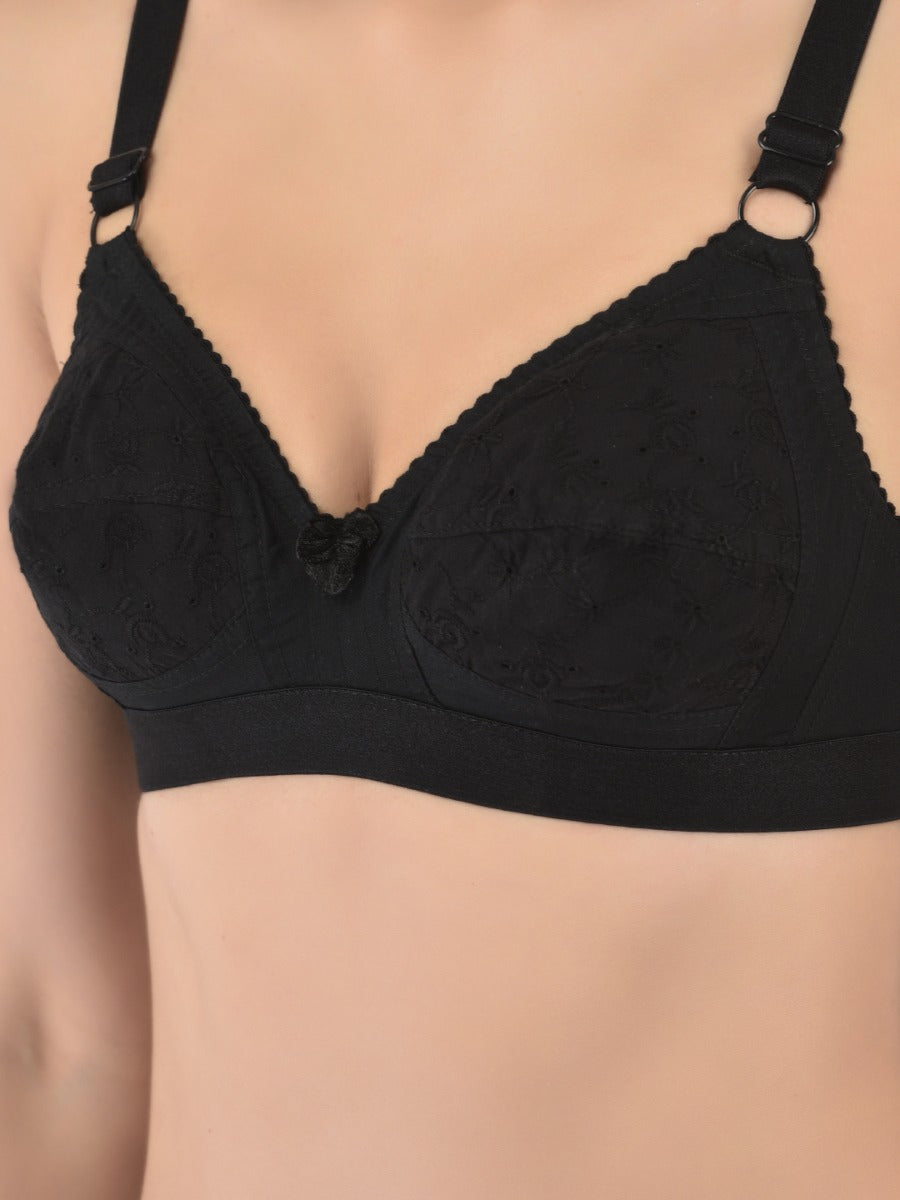 Softline Women's Non Padded Wire Free Bra in 100% Shifley Embroidery Cotton Fabric with  Full Coverage Cups, Broad Elastic Straps, and Hook Closure (1061)