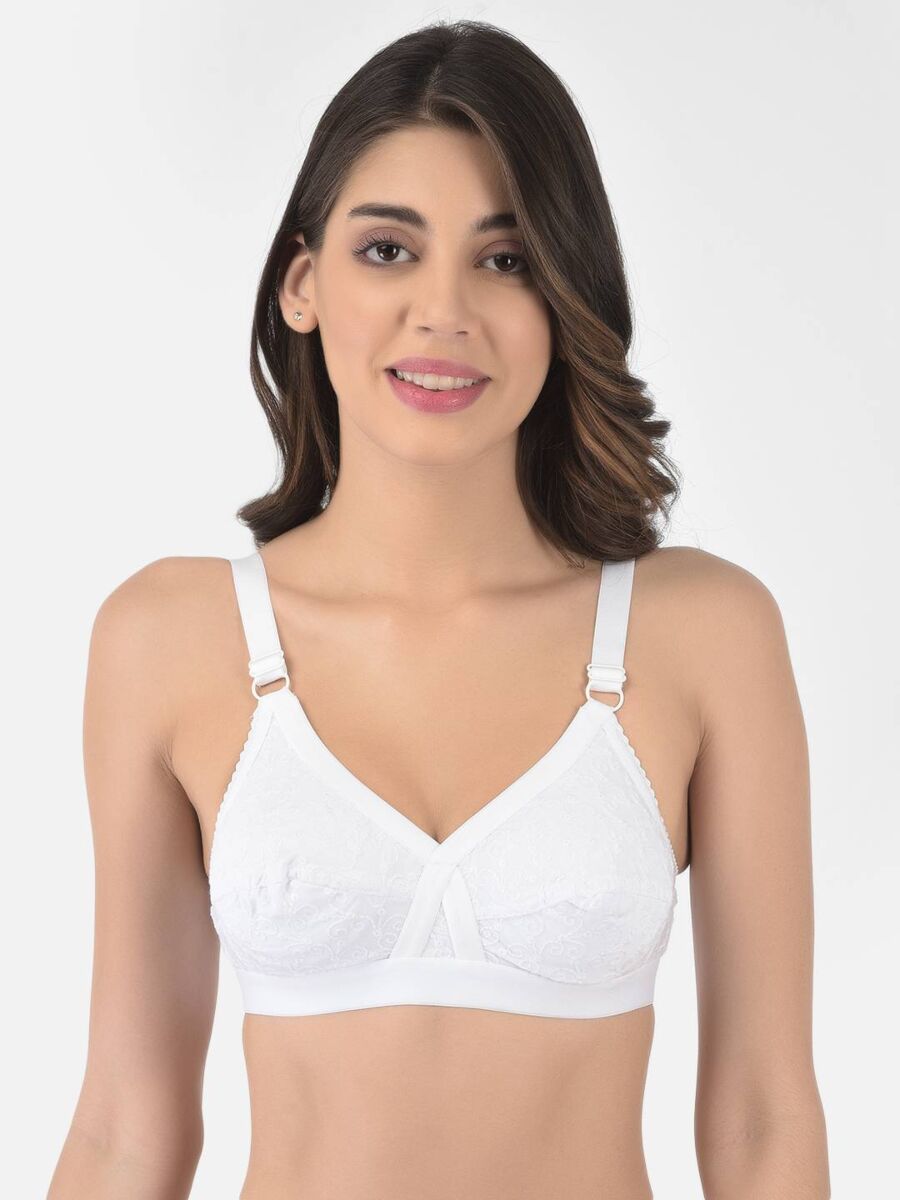 Softline Women's Non Padded Wire Free Bra in 100% Shifley Embroidery Cotton Fabric with  Full Coverage Cups, Broad Elastic Straps, and Hook Closure (1060)