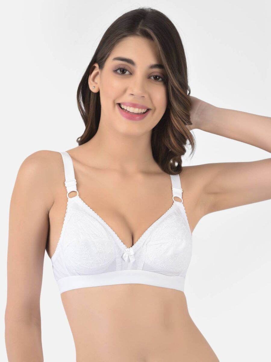 Softline Women's Non Padded Wire Free Bra in 100% Shifley Embroidery Cotton Fabric with  Full Coverage Cups, Broad Elastic Straps, and Hook Closure (1061)