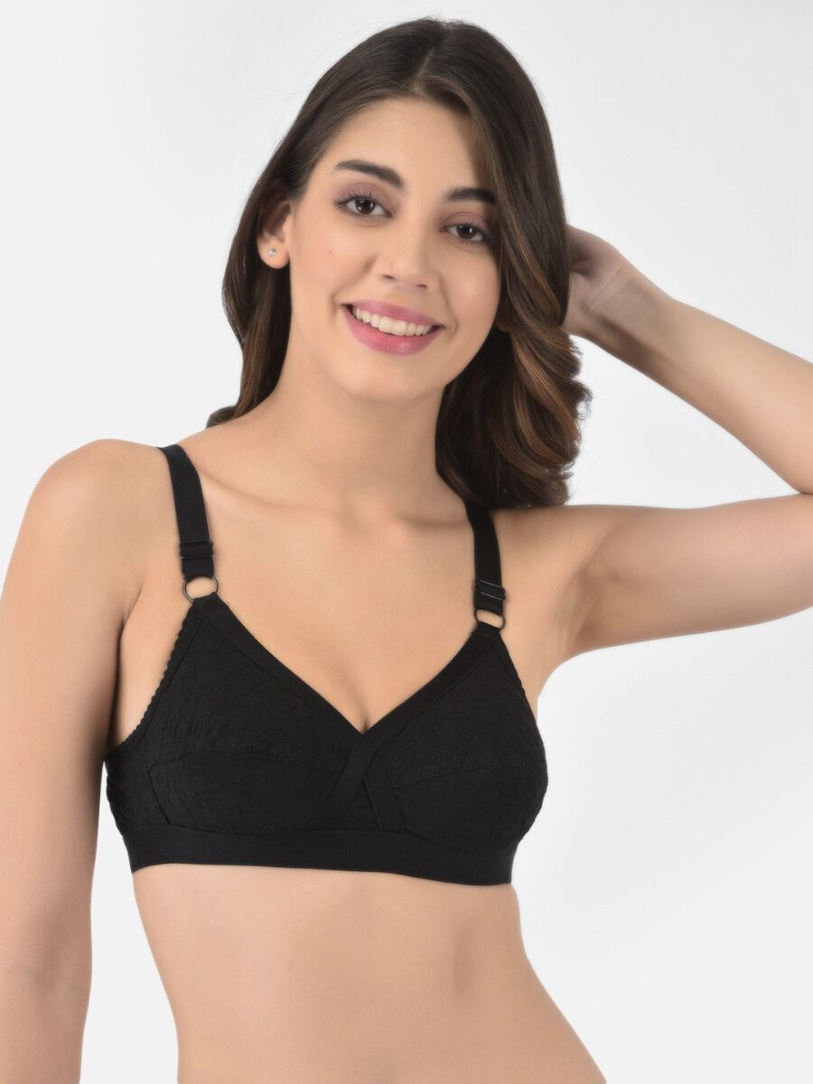 Softline Women's Non Padded Wire Free Bra in 100% Shifley Embroidery Cotton Fabric with  Full Coverage Cups, Broad Elastic Straps, and Hook Closure