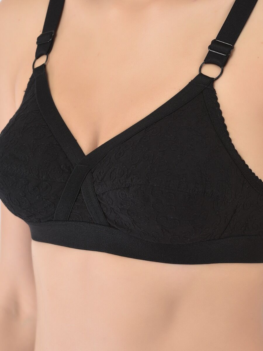 Softline Women's Non Padded Wire Free Bra in 100% Shifley Embroidery Cotton Fabric with  Full Coverage Cups, Broad Elastic Straps, and Hook Closure