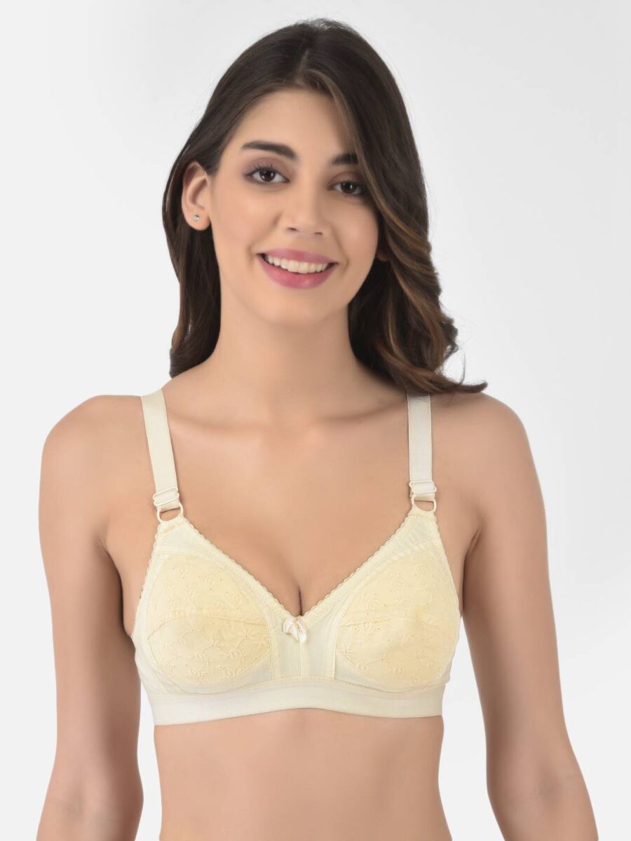 Softline Women's Non Padded Wire Free Bra in 100% Shifley Embroidery Cotton Fabric with  Full Coverage Cups, Broad Elastic Straps, and Hook Closure