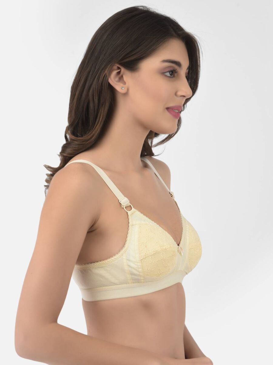 Softline Women's Non Padded Wire Free Bra in 100% Shifley Embroidery Cotton Fabric with  Full Coverage Cups, Broad Elastic Straps, and Hook Closure
