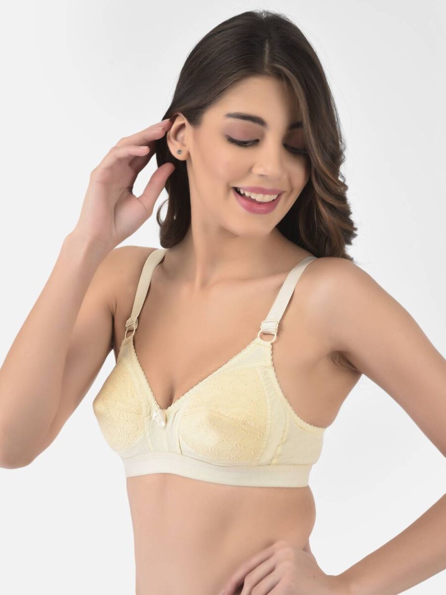 Softline Women's Non Padded Wire Free Bra in 100% Shifley Embroidery Cotton Fabric with  Full Coverage Cups, Broad Elastic Straps, and Hook Closure