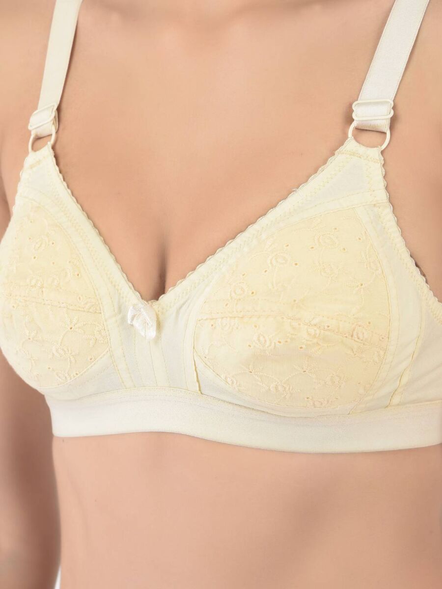 Softline Women's Non Padded Wire Free Bra in 100% Shifley Embroidery Cotton Fabric with  Full Coverage Cups, Broad Elastic Straps, and Hook Closure