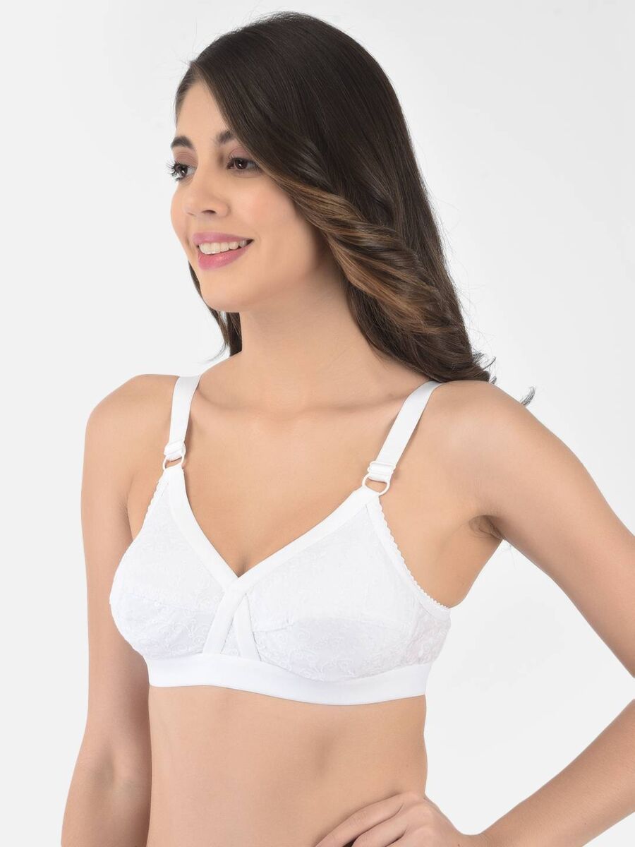 Softline Women's Non Padded Wire Free Bra in 100% Shifley Embroidery Cotton Fabric with  Full Coverage Cups, Broad Elastic Straps, and Hook Closure