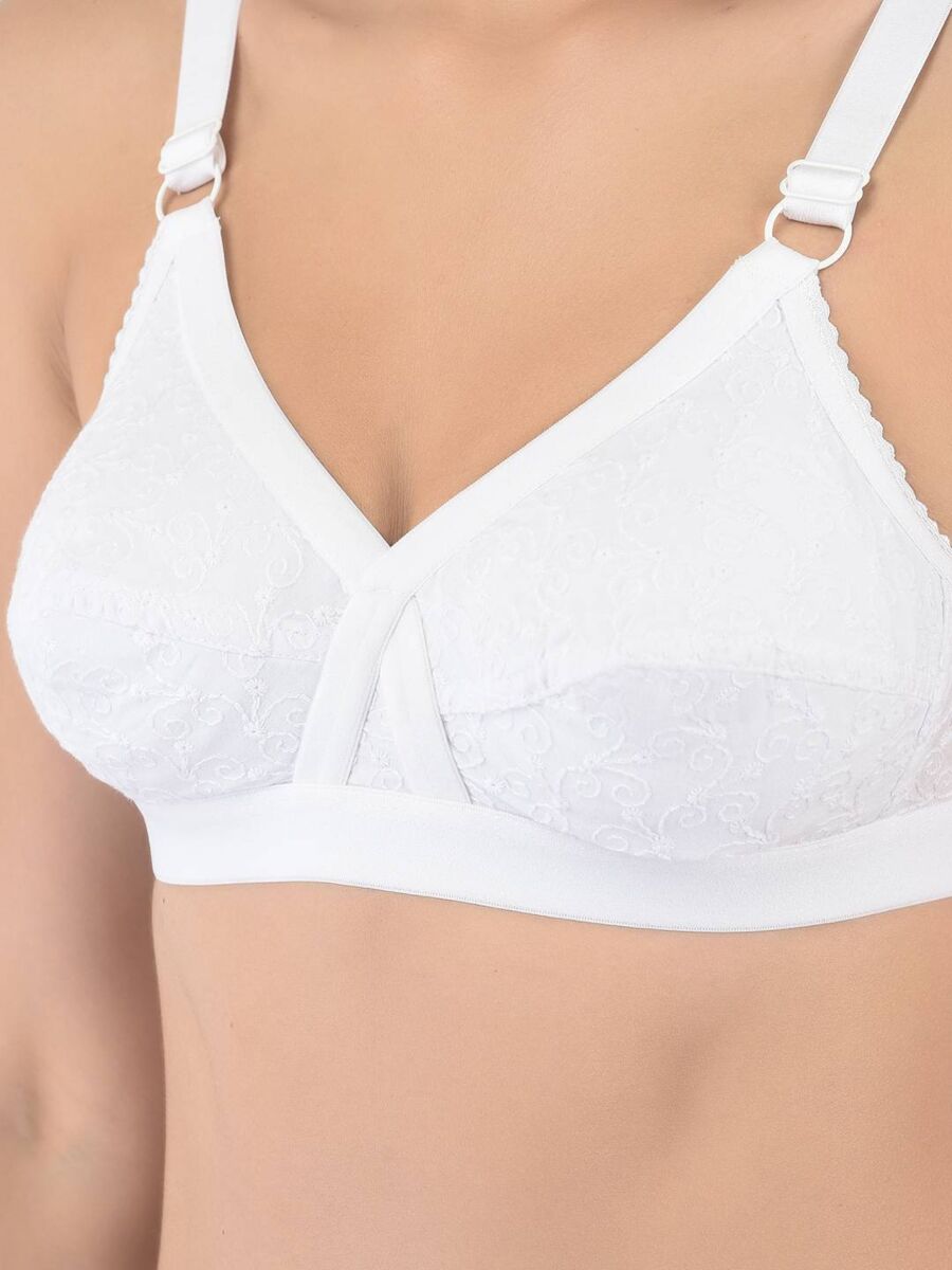 Softline Women's Non Padded Wire Free Bra in 100% Shifley Embroidery Cotton Fabric with  Full Coverage Cups, Broad Elastic Straps, and Hook Closure