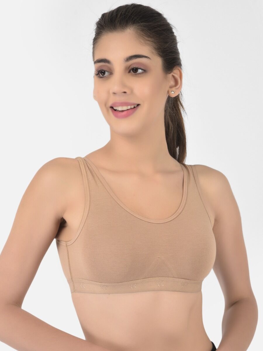 Softline Women's Non Padded Wire Free Sports T-Shirt Bra in Cotton Stretch Fabric with Full Cup Coverage, Broad Underband, Double Layered Cups, and Slip On Design